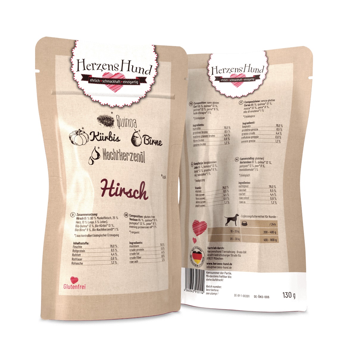 Herzens Hund Cibo Umido per Cani con Carne di Cervo, Quinoa e Verdure Bio - 130 g