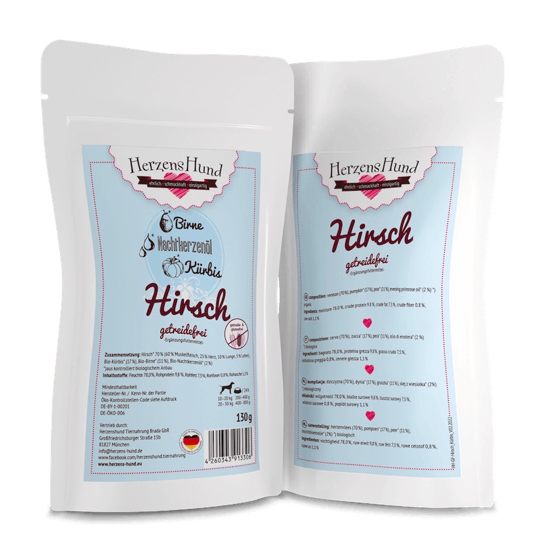 Herzens Hund Cibo Umido per Cani al Cervo e Zucca Bio Senza Cereali - 130 g