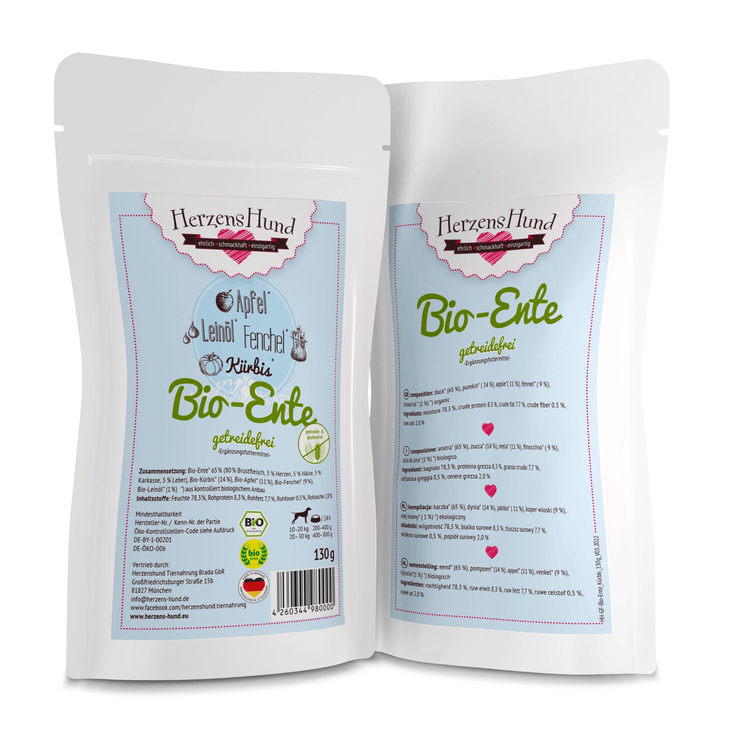 Herzens Hund Cibo Umido per Cani Anatra Bio con Verdure Bio Senza Cereali - 130 g