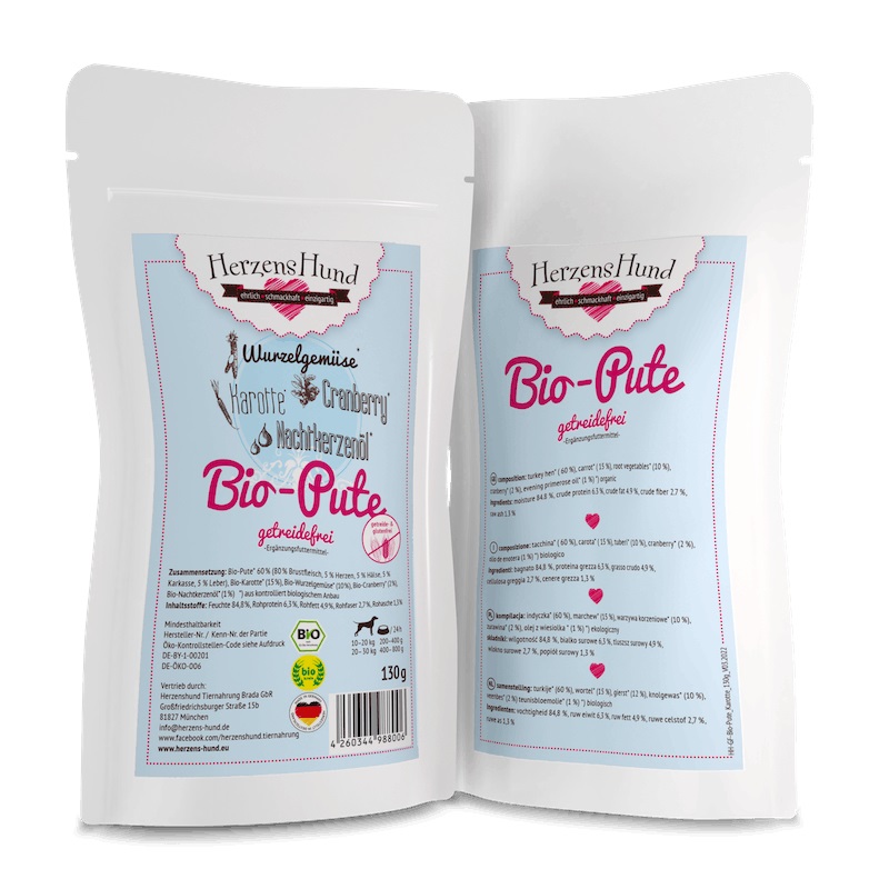 Herzens Hund Cibo Umido per Cani Tacchino Biologico con Carote Bio 130 g - Senza Cereali e Glutine