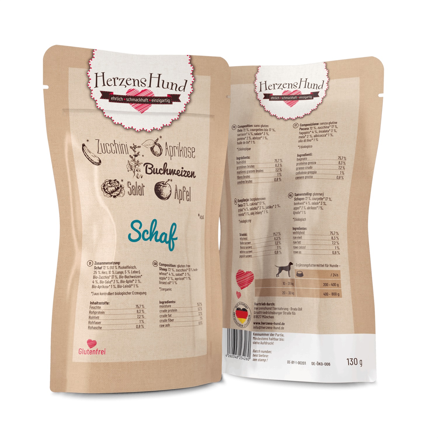 Herzens Hund Cibo Umido per Cani con Pecora Biologica e Verdure Bio - 130 g