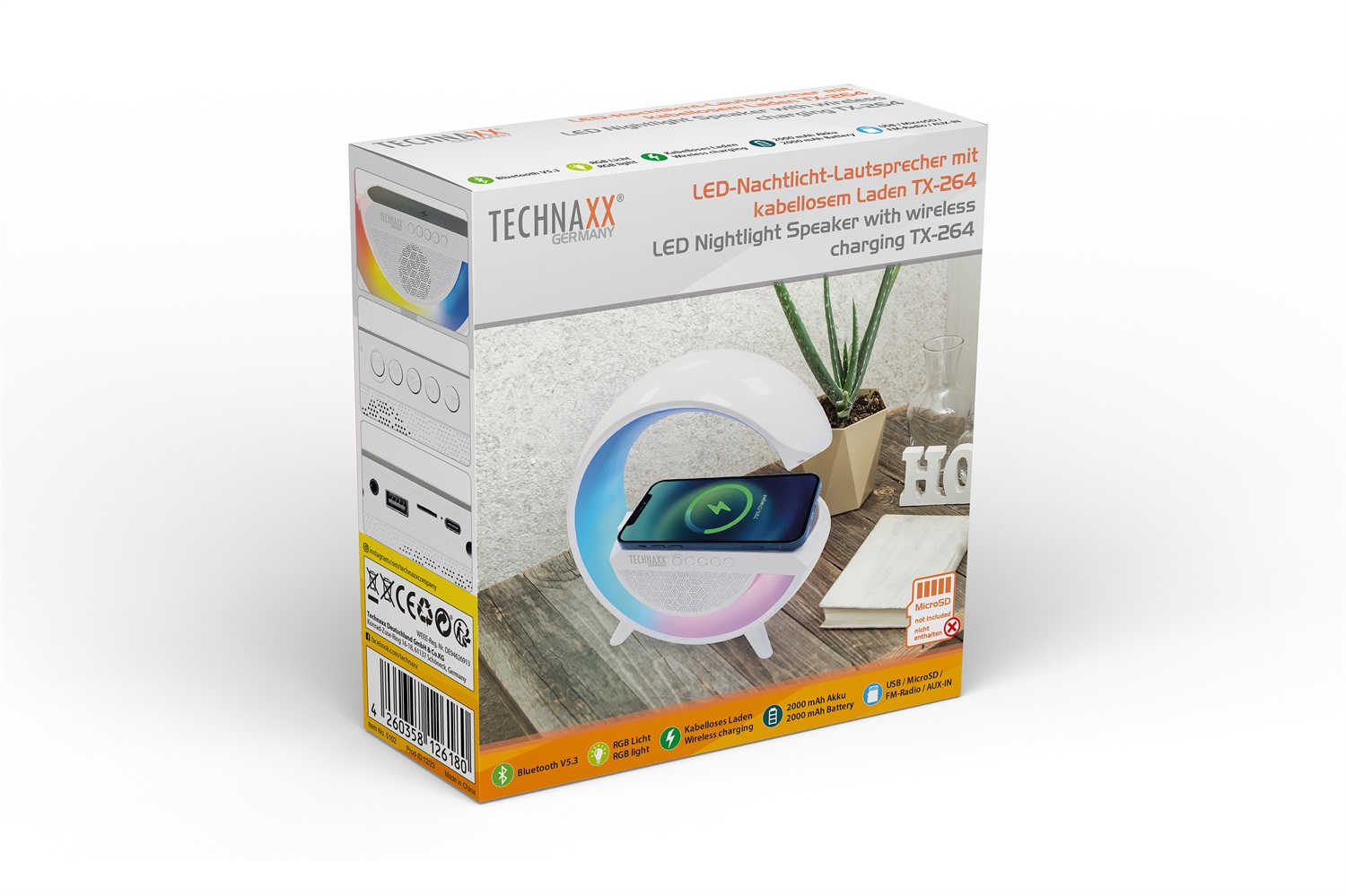 Technaxx TX-264 - Altoparlante Bluetooth con Luce LED Notturna, Ricarica Wireless 10W e 6 Modalità RGB