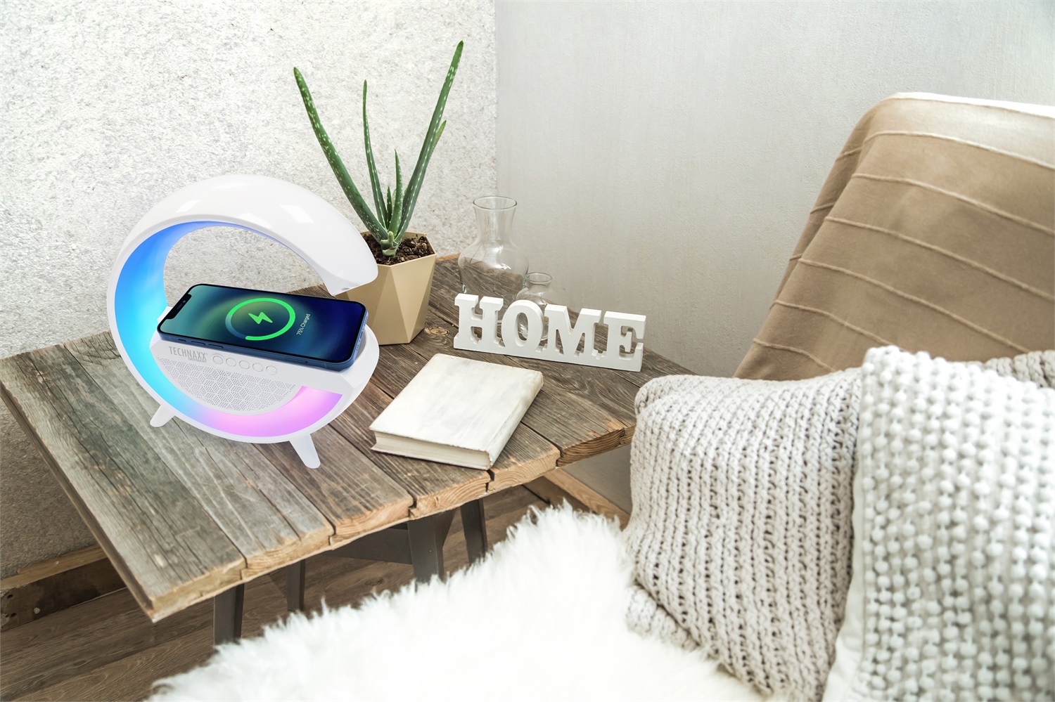 Technaxx TX-264 - Altoparlante Bluetooth con Luce LED Notturna, Ricarica Wireless 10W e 6 Modalità RGB