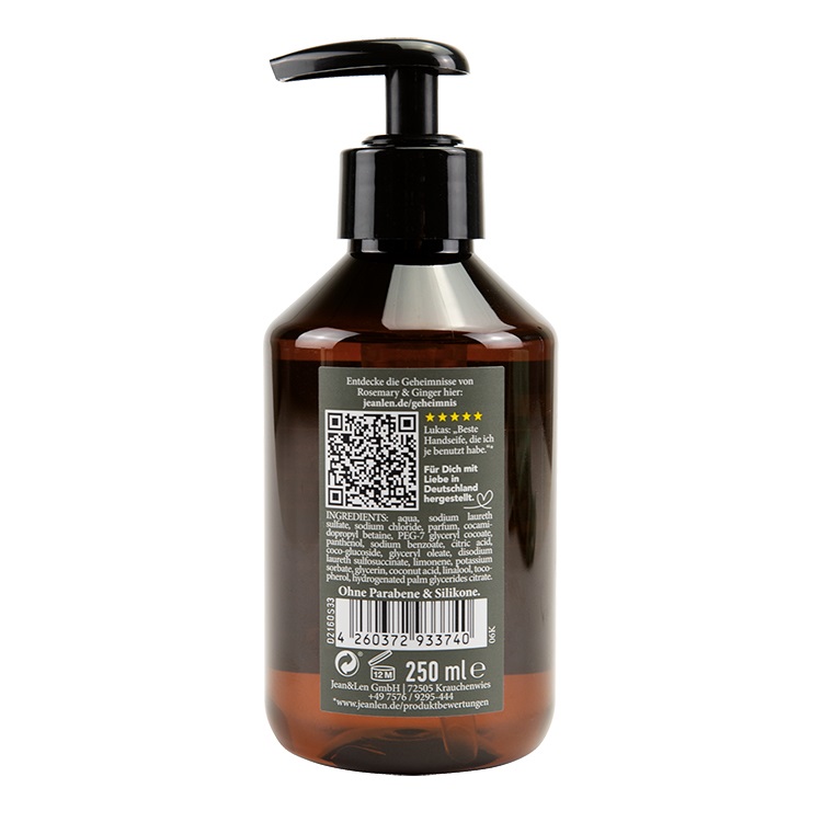 Jean & Len Sapone per Mani Rosmarino e Zenzero 250 ml - Deterge Delicatamente, Dispenser a Pompa Ricaricabile, Senza Parabeni e Siliconi