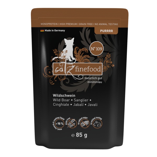 Catz finefood Purrrr Cibo Umido per Gatti - Cinghiale e Maiale, 85 g in Busta, Ricette Naturali e Senza Allergeni