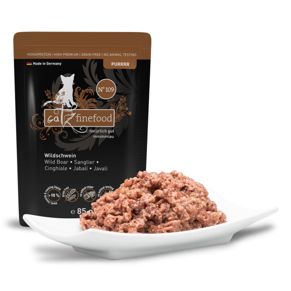 Catz finefood Purrrr Cibo Umido per Gatti - Cinghiale e Maiale, 85 g in Busta, Ricette Naturali e Senza Allergeni