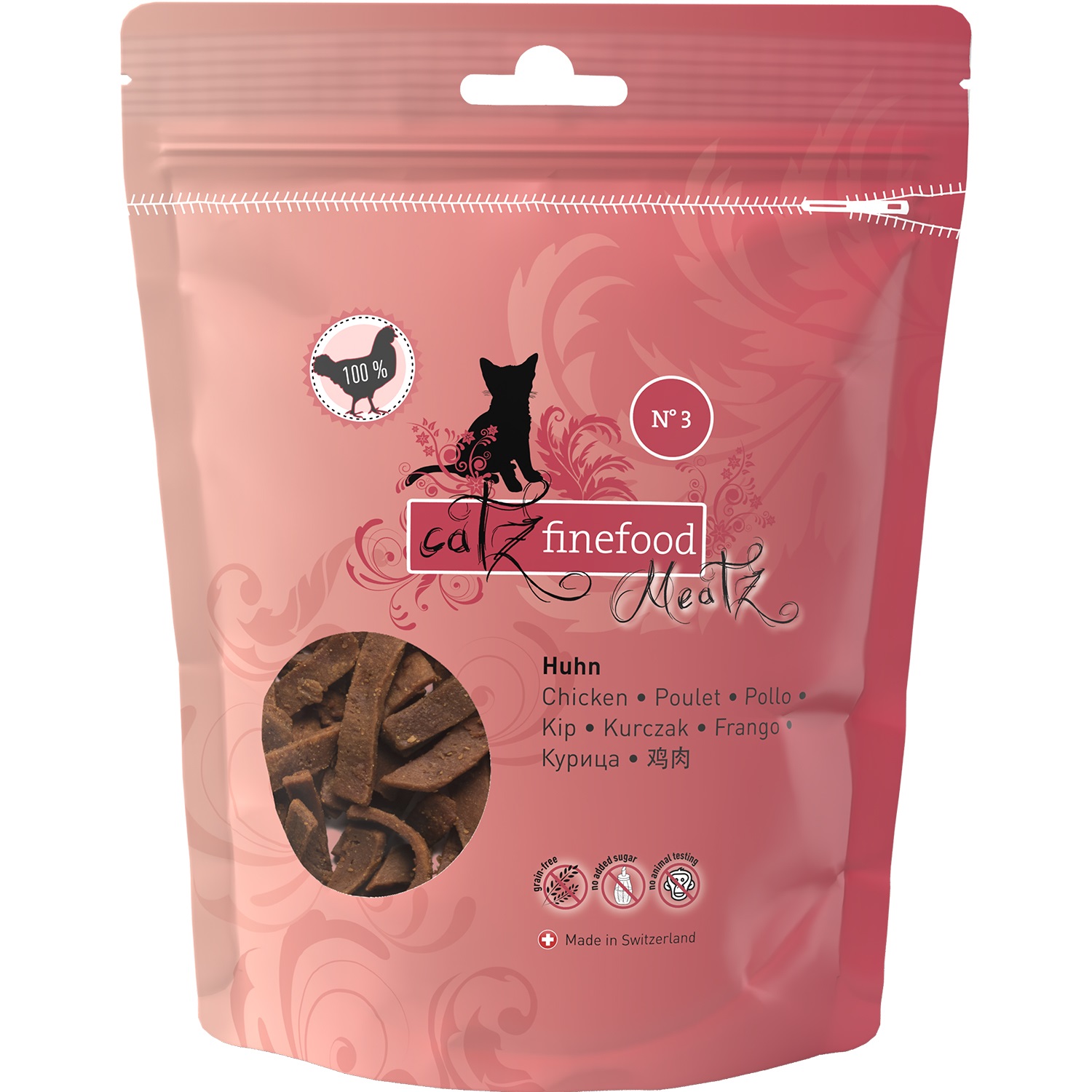 Catz Finefood Meatz Snack per Gatti - Pollo 45 g, Strisce Croccanti con Biotina, Senza Zucchero e Cereali