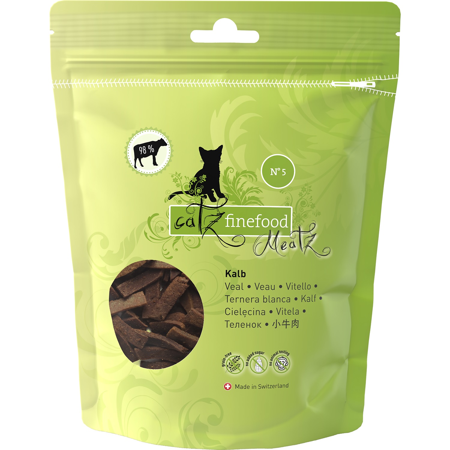 Catz finefood Meatz Snack per gatti - Vitello 45 g, croccanti strisce di carne grigliata, senza zucchero e cereali