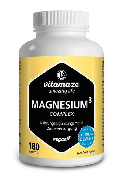 Vitamaze Magnesio Completo 350 mg - 180 Compresse Vegane con Magnesio Citrato, Carbonato e Ossido di Magnesio - Eccellente Biodisponibilità, Qualità Tedesca