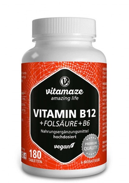 Vitamaze Vitamina B12 1000 mcg Acido Folico 375 mcg Vitamina B6 2,5 mg - 180 Compresse Vegan, Alta Qualità Tedesca, 6 Mesi di Trattamento