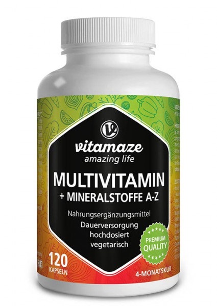 Vitamaze Multivitaminico Alto Dosaggio - 120 Capsule Vegetariano con 23 Vitamine A-Z e Minerali, Senza Additivi, Supporto Immunitario e Cerebrale
