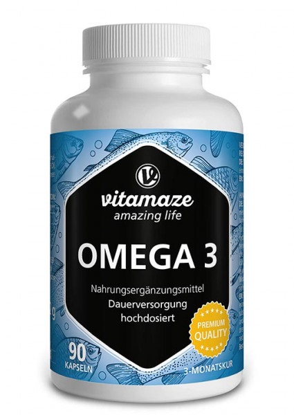 Vitamaze Omega 3 - 1000 mg per Capsula, 90 Capsule Morbide con 400 mg EPA e 300 mg DHA, Alto Dosaggio, Puro Olio di Pesce, Qualità Tedesca