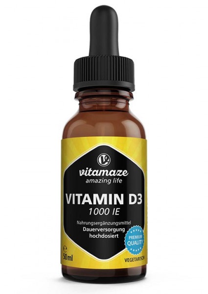 Vitamaze Vitamina D3 Gocce 1000 UI - 50 ml, Alto Dosaggio, Colecalciferolo Vegetariano, Alta Biodisponibilità, Qualità Tedesca