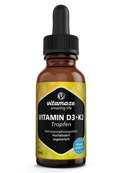 Vitamaze Vitamina D3 K2 Gocce - 1000 UI ad Alta Dose, Vegetariano, Liquido, 50 ml (1700 Gocce), Elevata Biodisponibilità