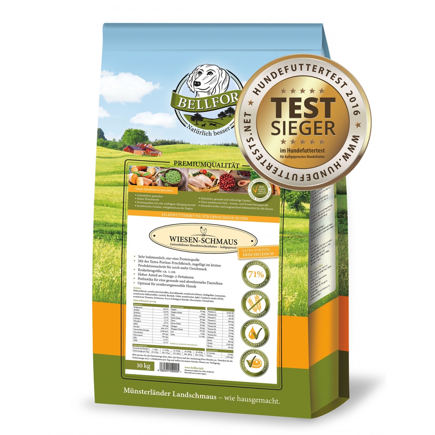 Bellfor Wiesen-Schmaus Cibo Secco per Cani 10 kg - Alta Qualità Spremuto a Freddo con Pollo Senza Cereali e Bassissimo Potenziale Allergenico per Razze Grandi