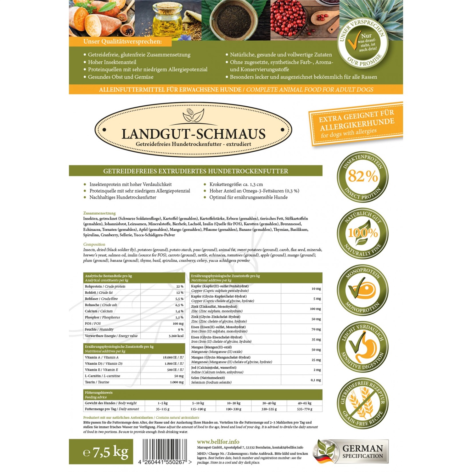 Bellfor Landgut-Schmaus Cibo Secco Ipoallergenico con Insetti per Cani - 7,5 kg, Senza Cereali, Ricco di Omega-3 e Vitamine Naturali