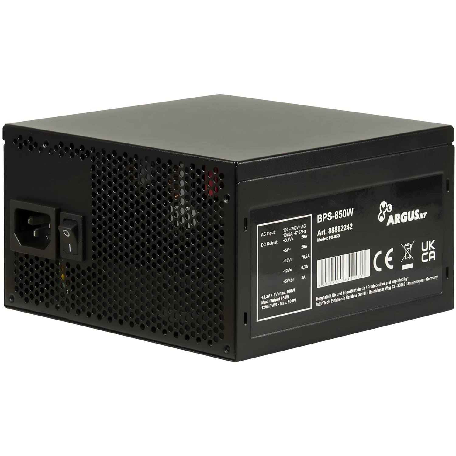 Intertec Alimentatore 850W ArgusNT BPS-850W con connettori 20 4 Pin ATX - Nero