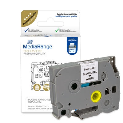 MediaRange MRBTZ231 Nastro di Stampa Laminato Nero su Bianco 12mm x 8m Compatibile con Brother P-Touch