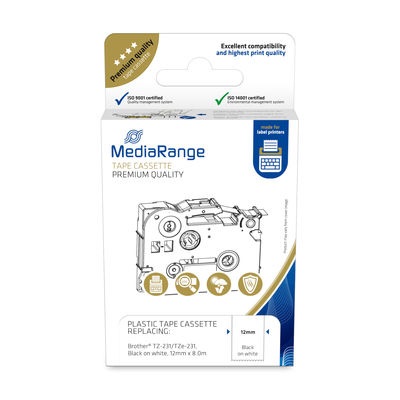 MediaRange MRBTZ231 Nastro di Stampa Laminato Nero su Bianco 12mm x 8m Compatibile con Brother P-Touch