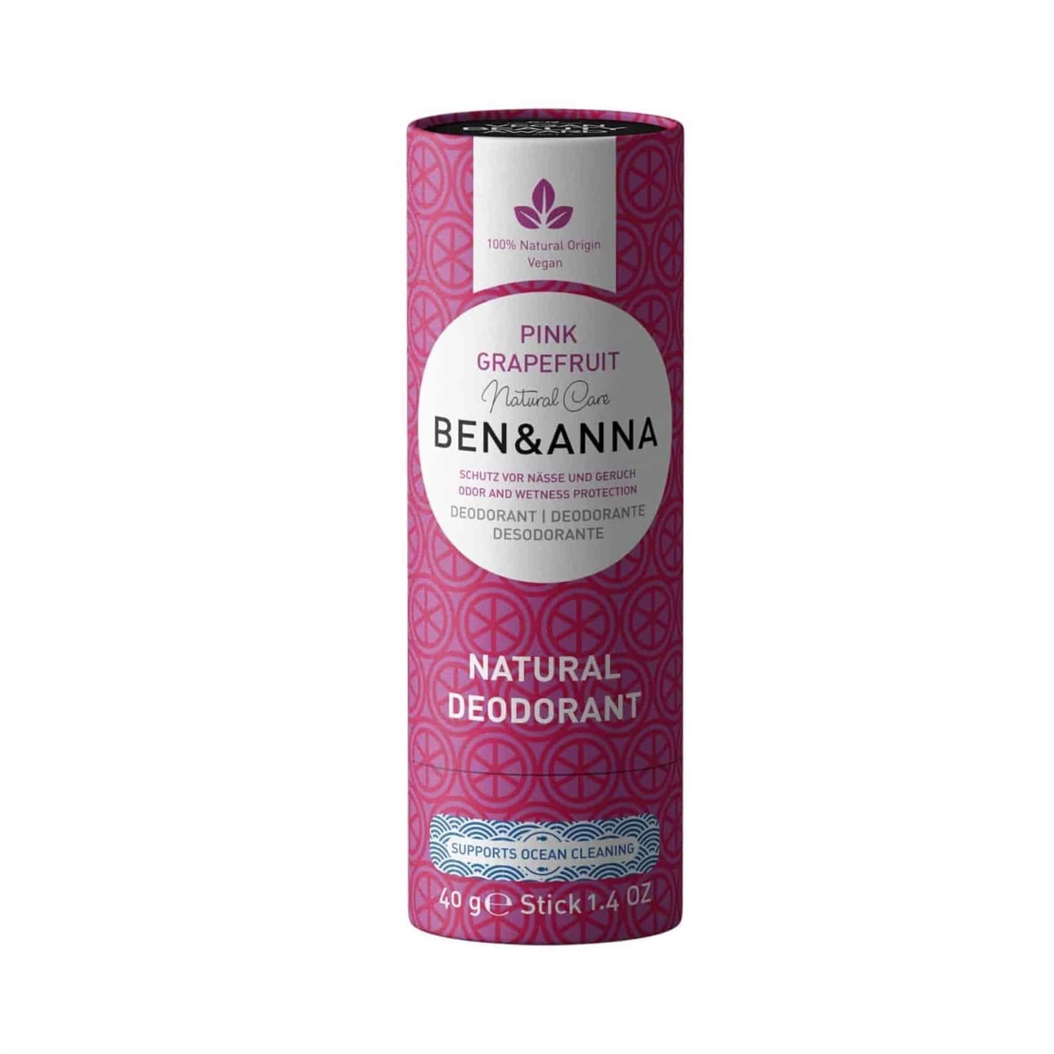 Ben & Anna Deodorante Vegano Papertube Pink Grapefruit 40 g - Cosmetici Naturali Certificati, Senza Plastica