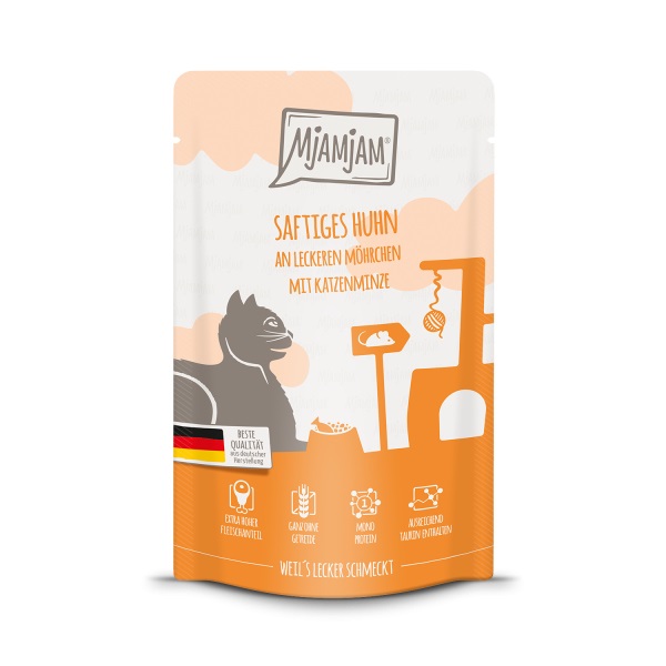 MjAMjAM Cibo Umido per Gatti - Pollo e Carote, Bustine da 125 g, Senza Cereali, Alta Percentuale di Carne