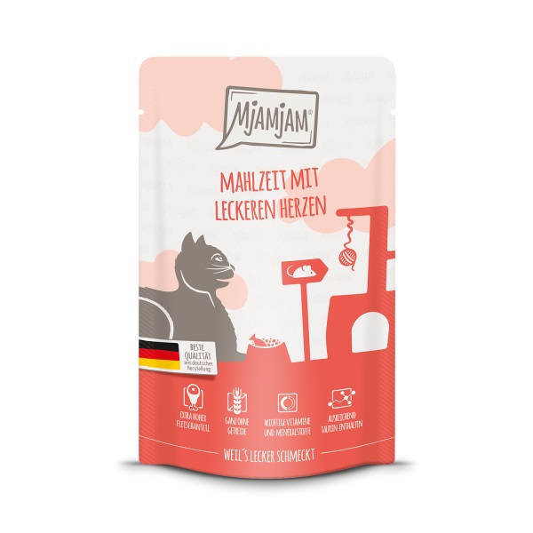 MjAMjAM Cibo Umido per Gatti Adulto con Cuori - 12 Bustine da 125 g, Elevata Percentuale di Carne, Senza Cereali