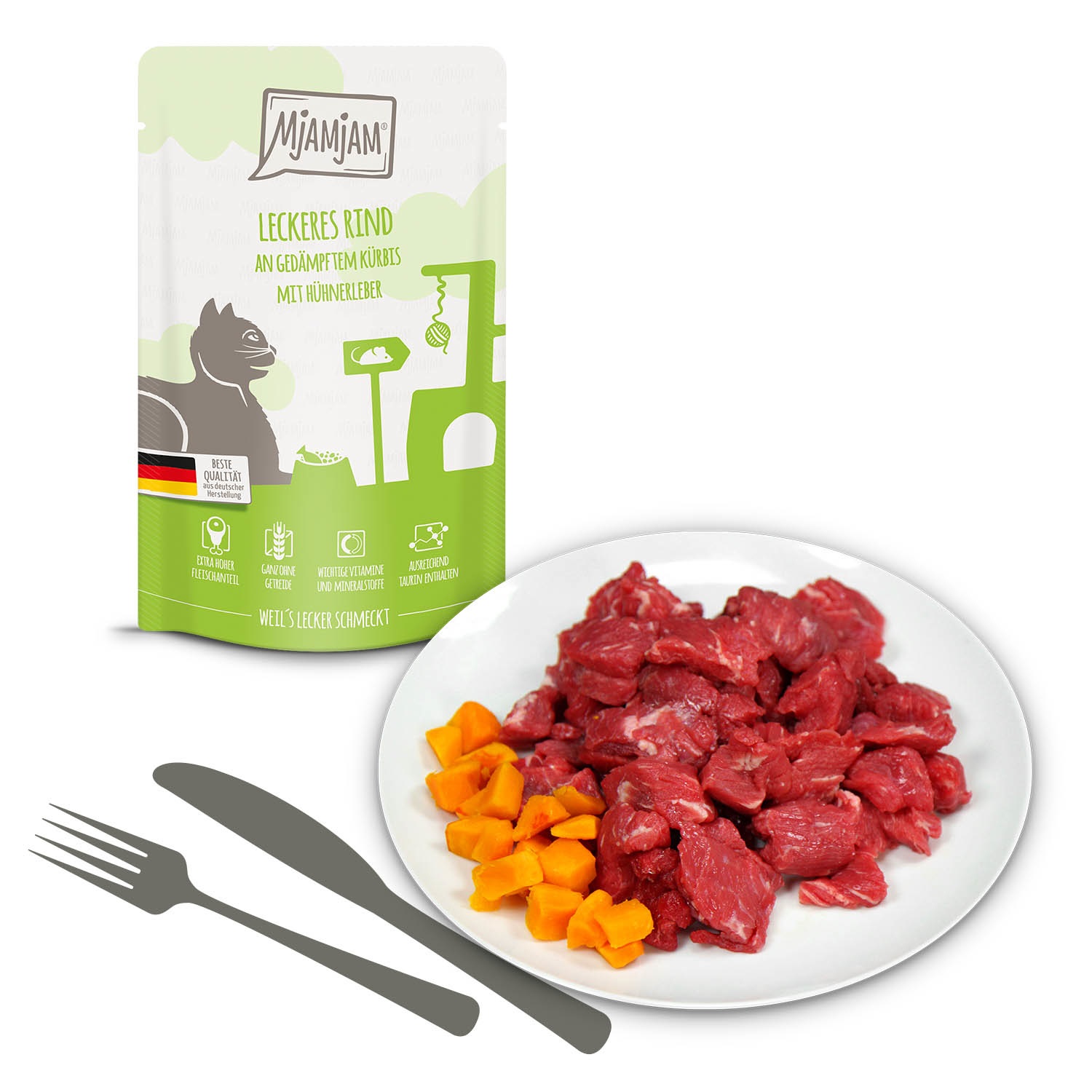 MjAMjAM Cibo Umido per Gatti - Manzo e Zucca, Bustine da 125 g, Senza Cereali, Alta Percentuale di Carne