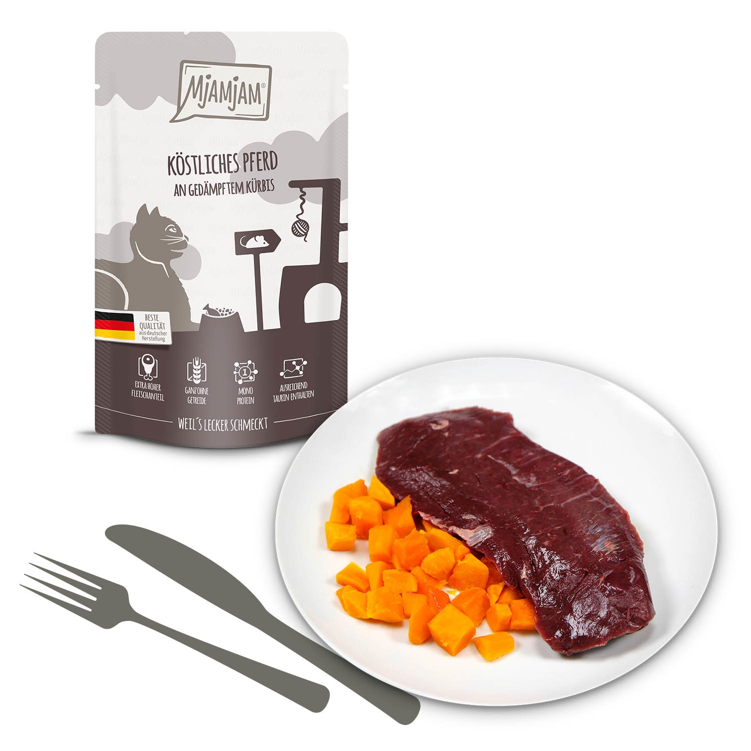 MjAMjAM Alimento Umido per Gatti Adulto - 12 Bustine da 125 gr con Cavallo e Zucca
