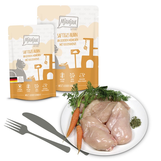 MjAMjAM Cibo Umido Premium per Gatti - Pollo Succoso con Carote - 300 g - Senza Cereali e Monoproteina