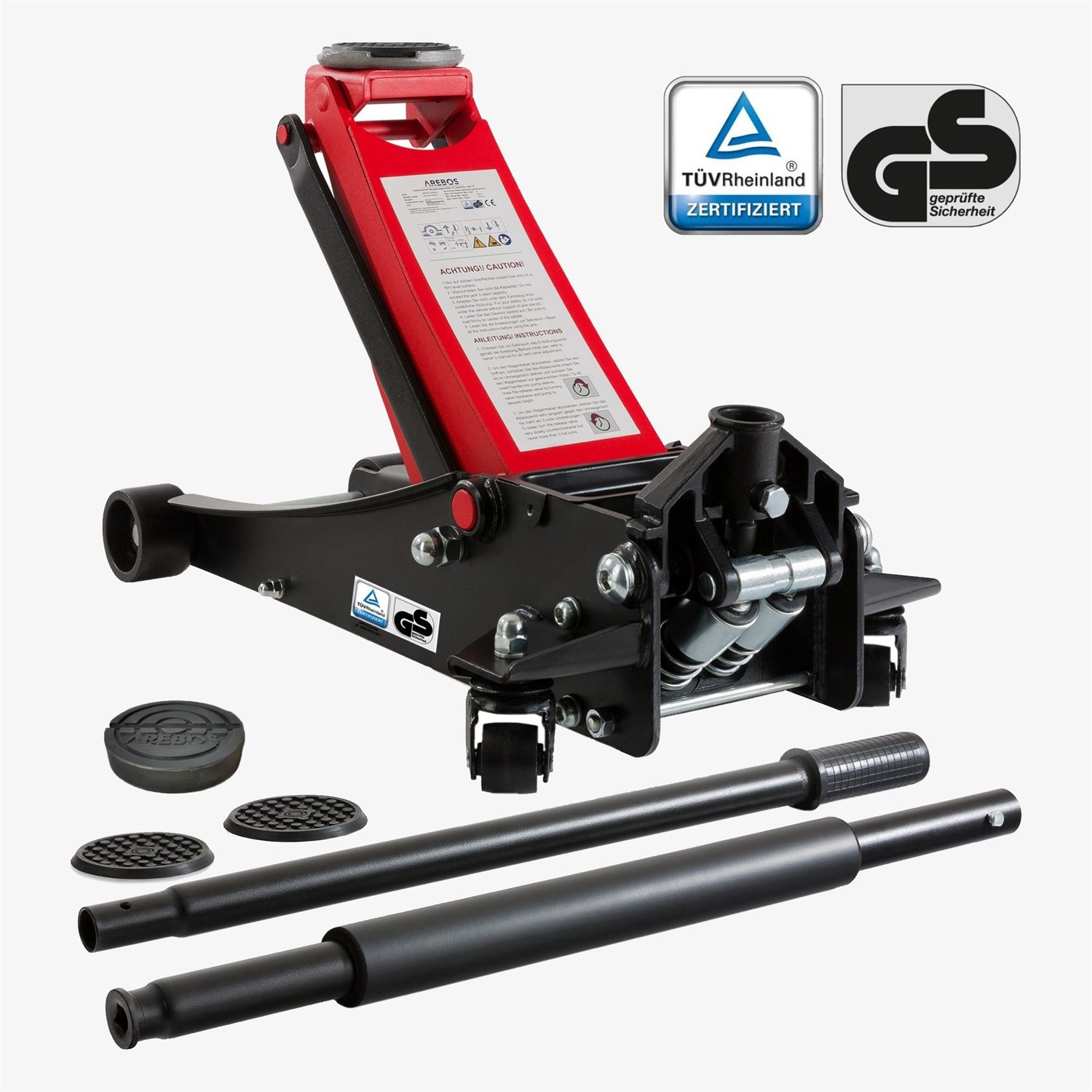 Arebos Cric Idraulico Carrello 3000 kg - Doppio Pistone, Altezza 75-505mm, 3 Supporti