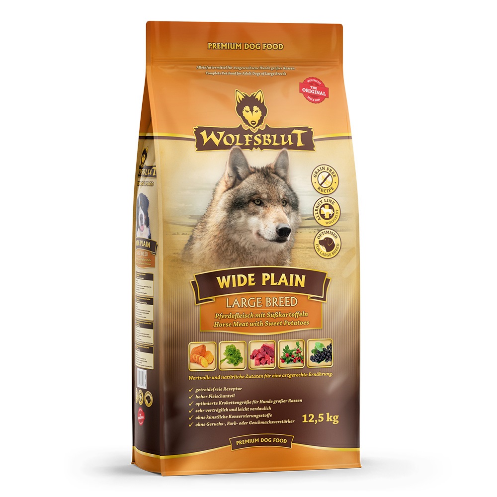 WOLFSBLUT Wide Plain Large Breed - Alimento secco per cani adulti di razza grande con carne di cavallo e patate dolci, 12,5 kg