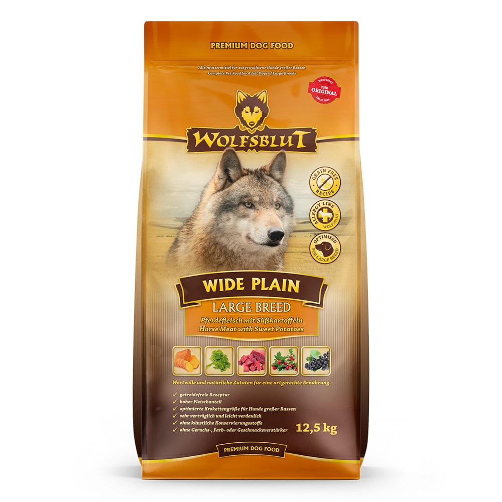 WOLFSBLUT Wide Plain Large Breed - Alimento secco per cani adulti di razza grande con carne di cavallo e patate dolci, 12,5 kg