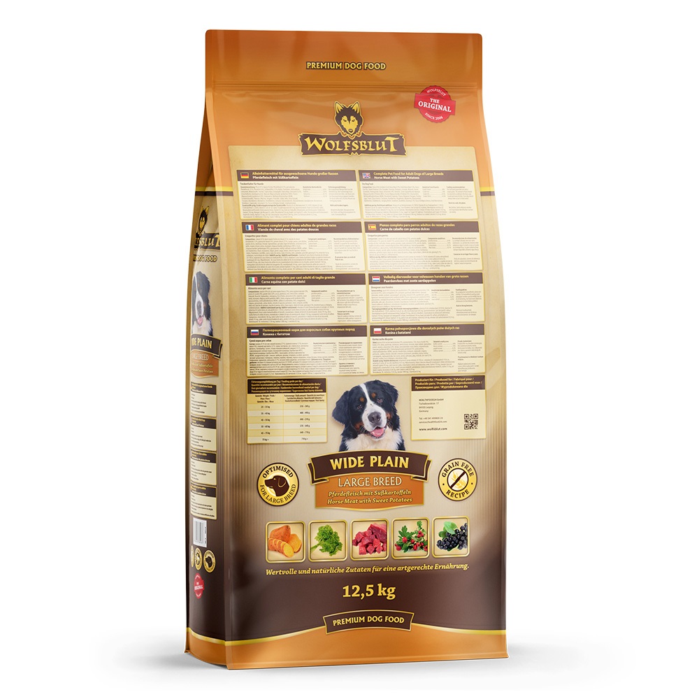 WOLFSBLUT Wide Plain Large Breed - Alimento secco per cani adulti di razza grande con carne di cavallo e patate dolci, 12,5 kg