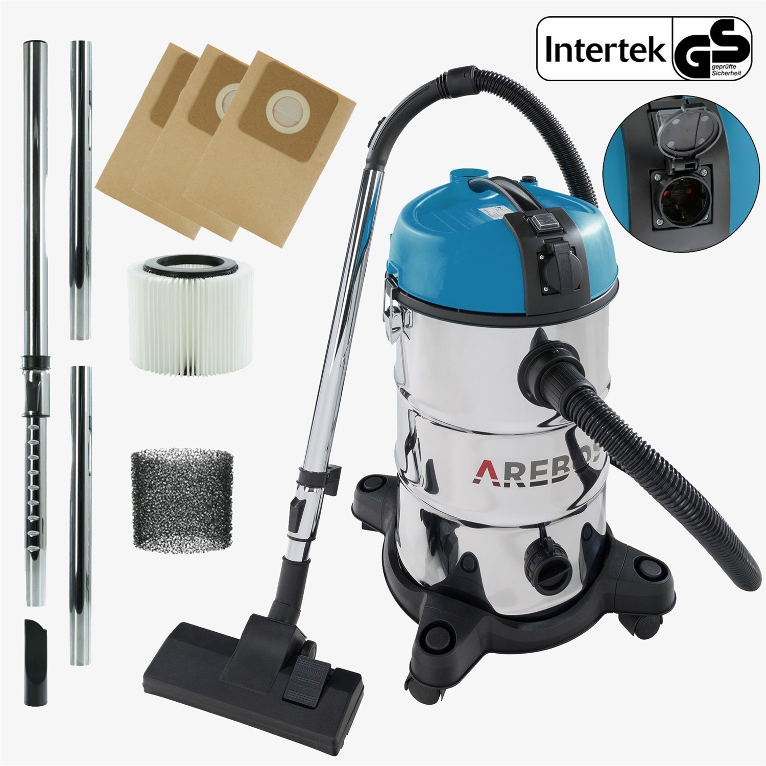 AREBOS Aspirapolvere Industriale 1300 W - Bidone Aspiratutto e Aspiracenere 30 L per Polvere e Liquidi, Pulizia Auto, Blu