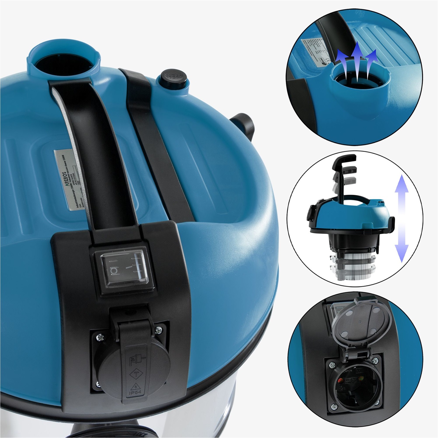 AREBOS Aspirapolvere Industriale 1300 W - Bidone Aspiratutto e Aspiracenere 30 L per Polvere e Liquidi, Pulizia Auto, Blu
