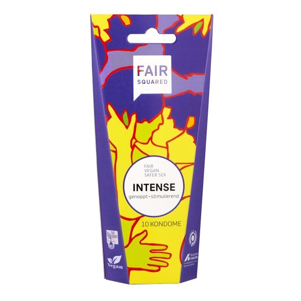 Fair Squared Intense - Preservativi Vegani in Lattice Naturale, 10 pz, Superficie Ruvida per Stimolazione Intensa