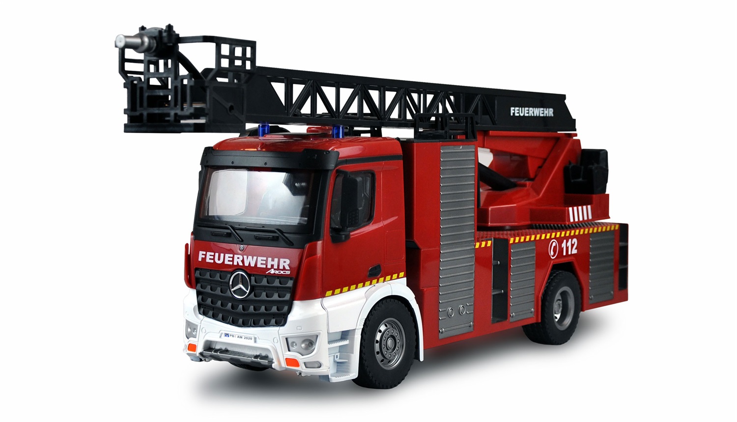 Amewi 22502 Modellino Radiocomandato Mercedes-Benz AROCS Vigili del Fuoco Scala 1:18 Elettrico Rosso/Bianco con Batteria Ioni di Litio