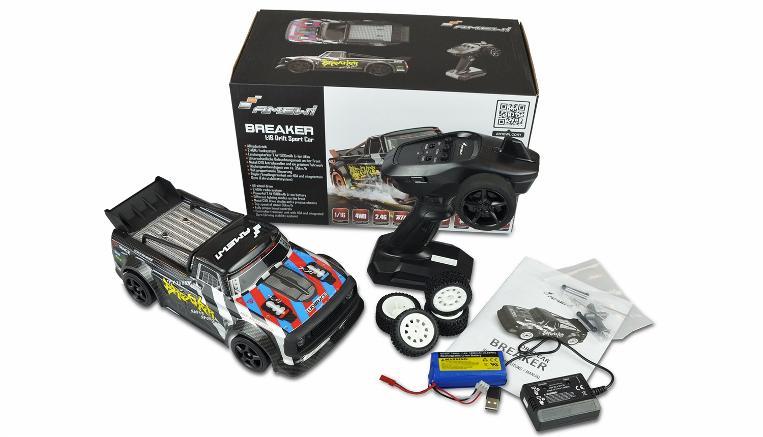 Amewi Drift Sport Car Breaker 1:16 RC Elettrica 2,4 GHz con Giroscopio e 4WD - Nero Carbonio