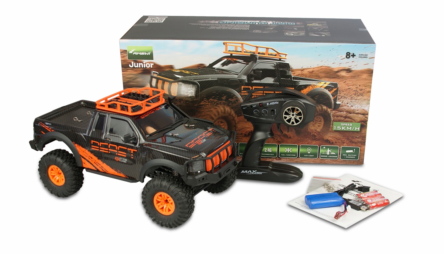 Amewi Dirt Climbing Beast Pick-Up Brushed 1:10 RC Modellauto Elektro Crawler 4WD RtR 2,4 GHz - Nero/Arancione con Pneumatici Oversize