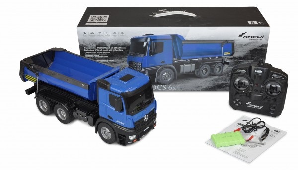 Amewi Mercedes-Benz Arocs 1:14 Camioncino Ribaltabile Elettrico RC Blu con Illuminazione a LED e 10 Canali Controllabili