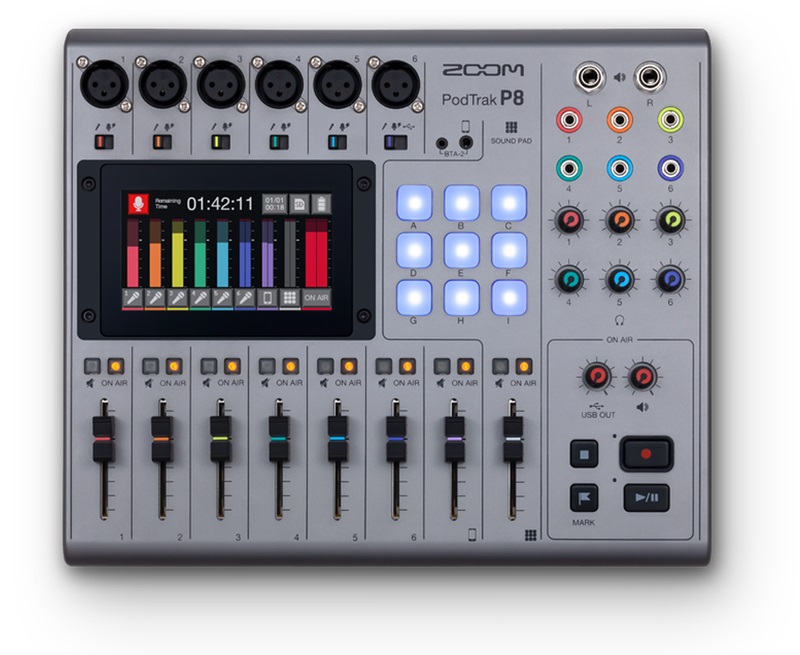 Zoom PodTrak P8 - Mixer/Registratore portatile per podcasting con 8 canali, 6 ingressi XLR, 6 uscite TRS, 9 sound pads programmabili e touchscreen