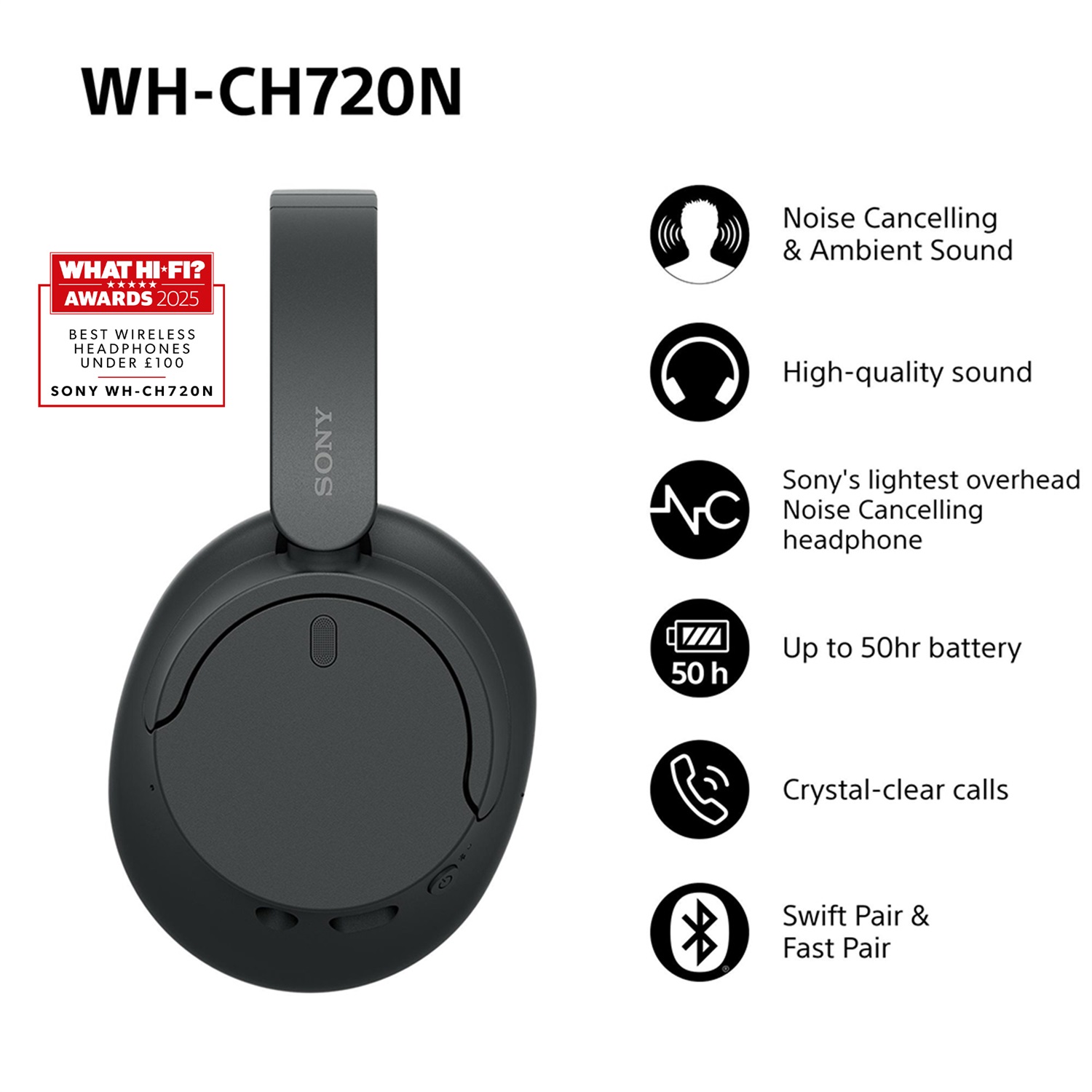 Sony WH-CH720N Cuffie Wireless Bluetooth con Cancellazione del Rumore, Durata Batteria Fino a 35 Ore, Ricarica Rapida, Qualità Audio Superiore - Nero