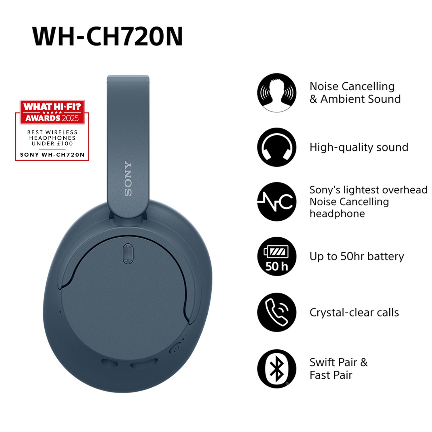 Sony WH-CH720N Cuffie Wireless Bluetooth con Cancellazione del Rumore, Microfono, USB-C, Durata Batteria Fino a 35 Ore, Colore Blu
