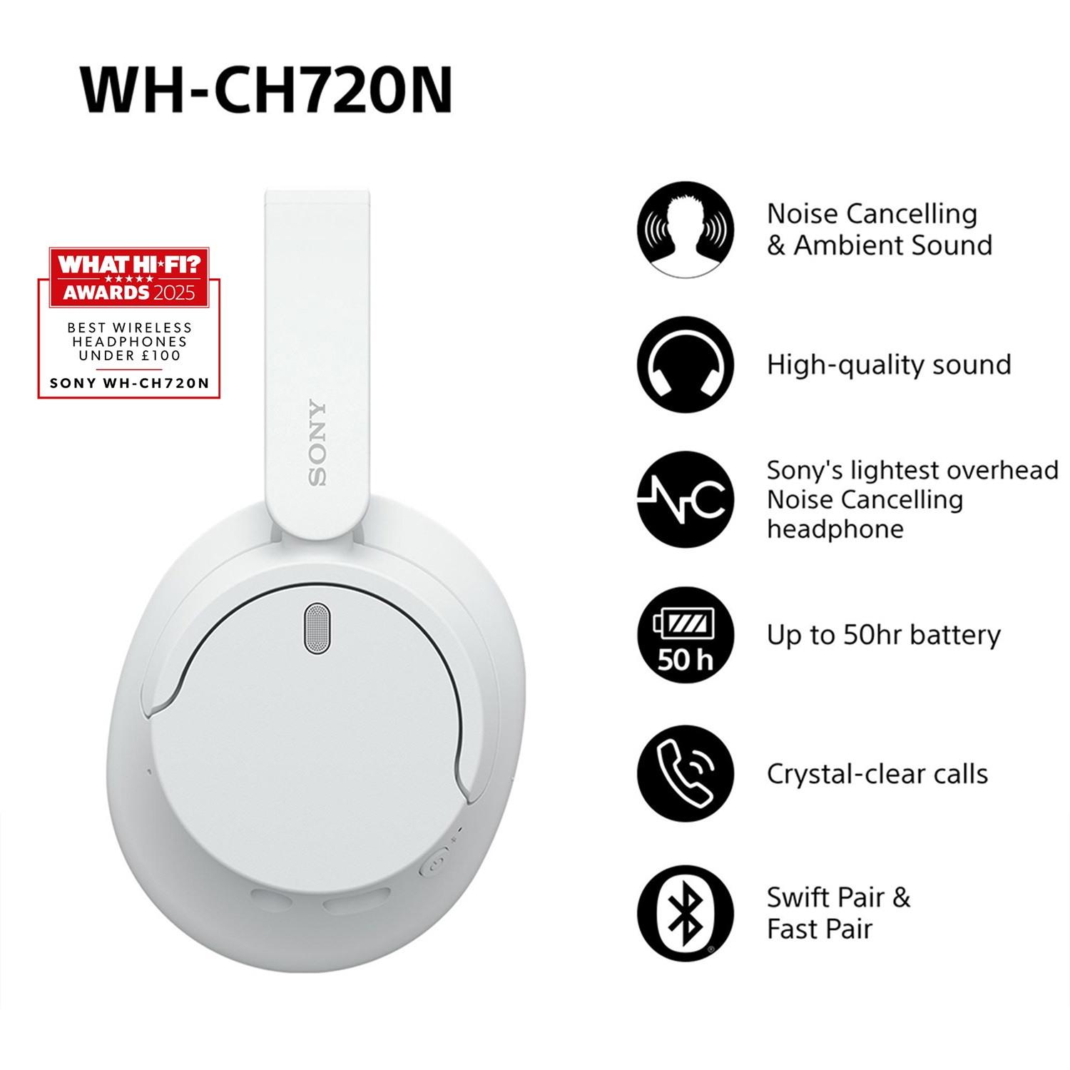 Sony WH-CH720N Cuffie Wireless con Cancellazione del Rumore, Connessione Multipoint, Durata Batteria fino a 35 ore, Ricarica Rapida - Bianco