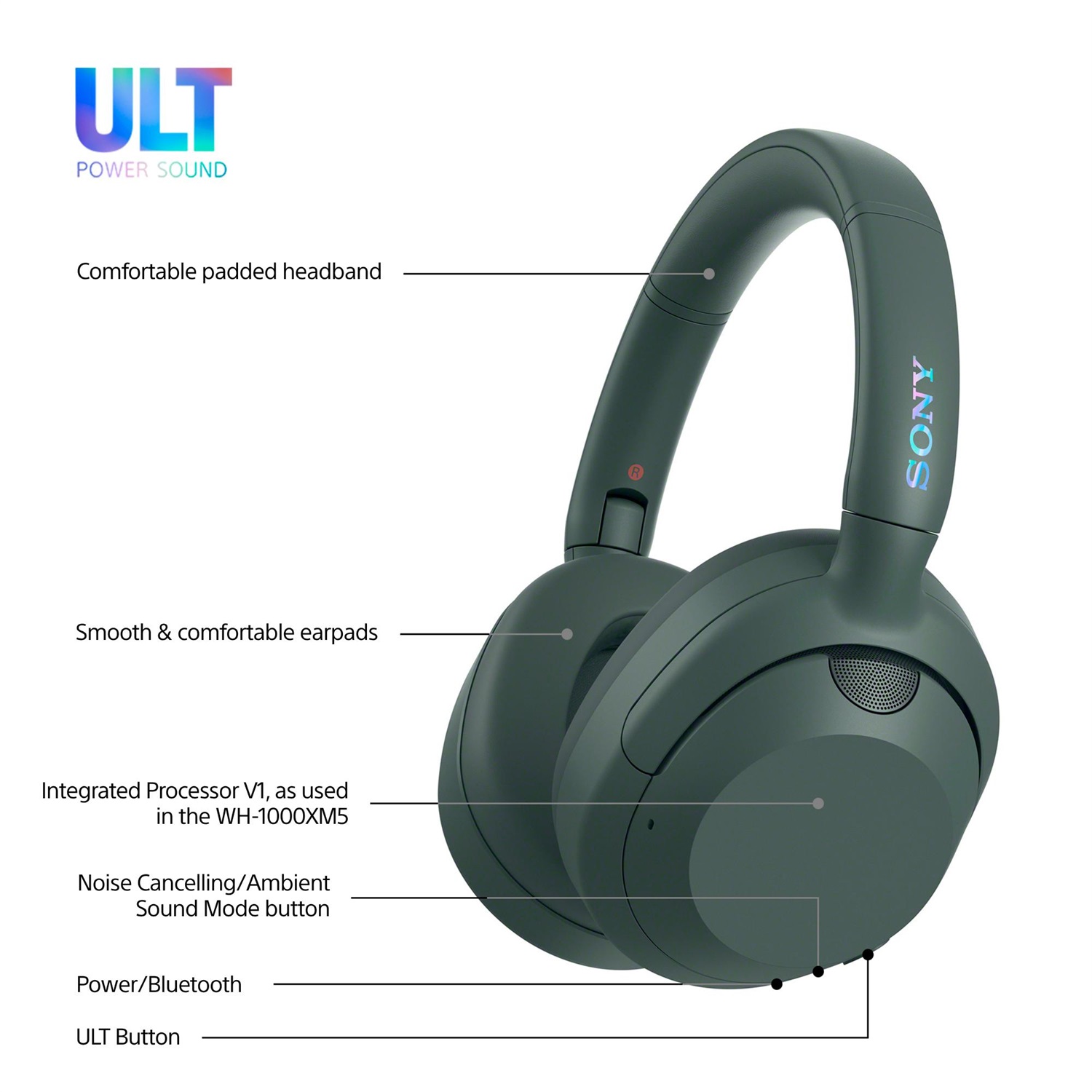 Sony ULT WEAR - Cuffie Bluetooth Wireless con ULT POWER SOUND, Bassi profondi, Noise Cancelling, Durata della batteria fino a 30 ore, Chiamate chiare, Compatibili con iOS e Android - Forest Gray