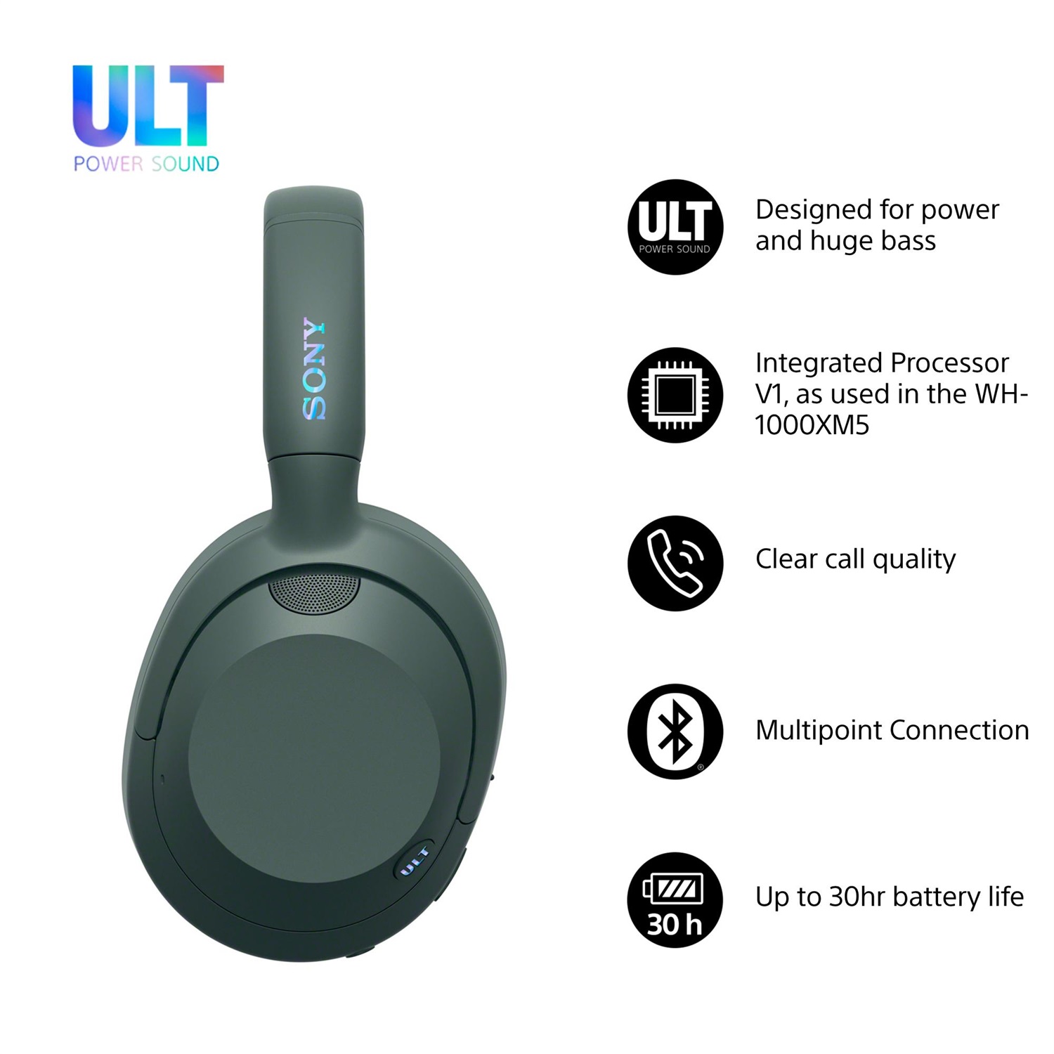 Sony ULT WEAR - Cuffie Bluetooth Wireless con ULT POWER SOUND, Bassi profondi, Noise Cancelling, Durata della batteria fino a 30 ore, Chiamate chiare, Compatibili con iOS e Android - Forest Gray