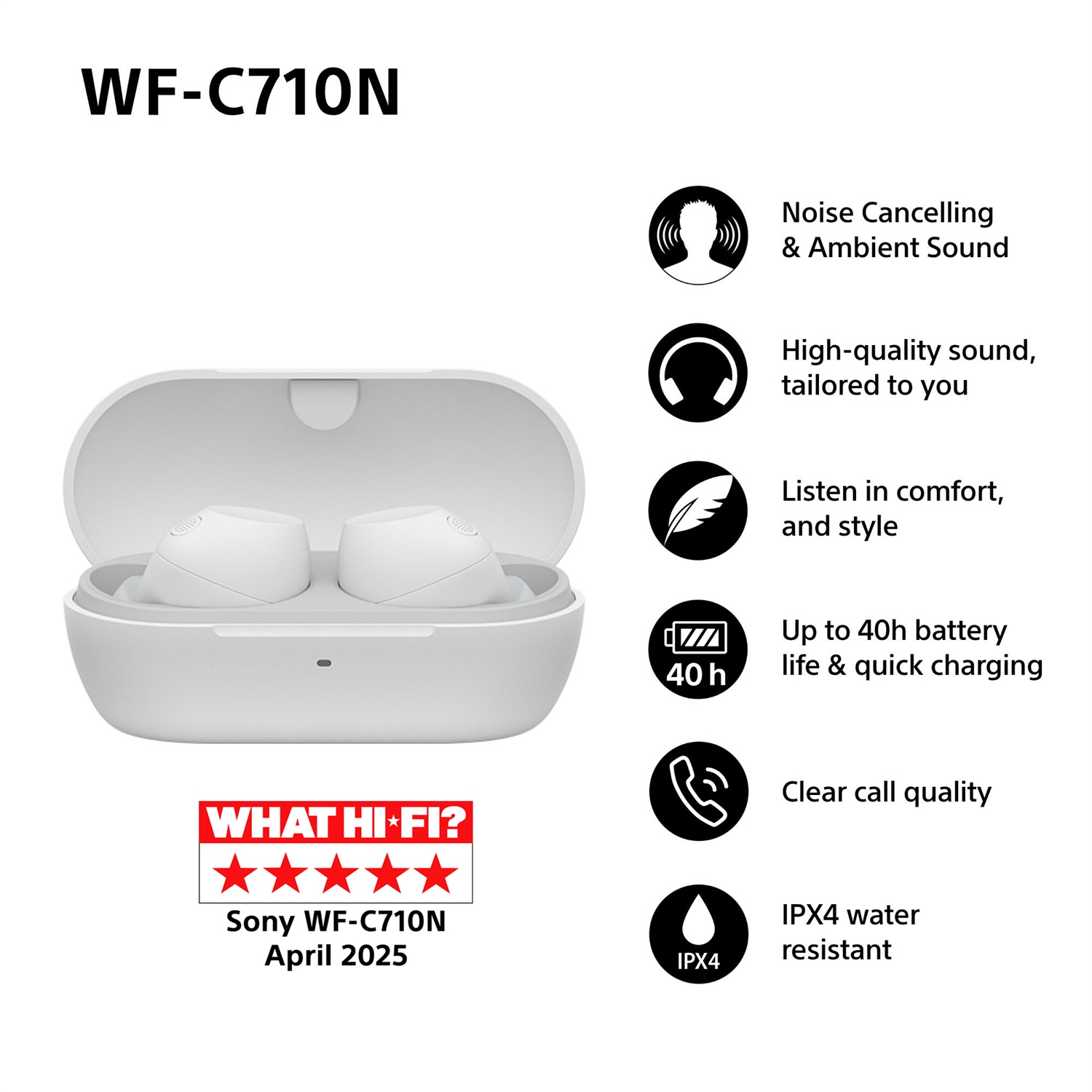 Sony WFC710NW.CE7 Cuffie True Wireless In-ear Bluetooth Bianco con Cancellazione Rumore, Autonomia Fino a 40 Ore, USB Tipo-C