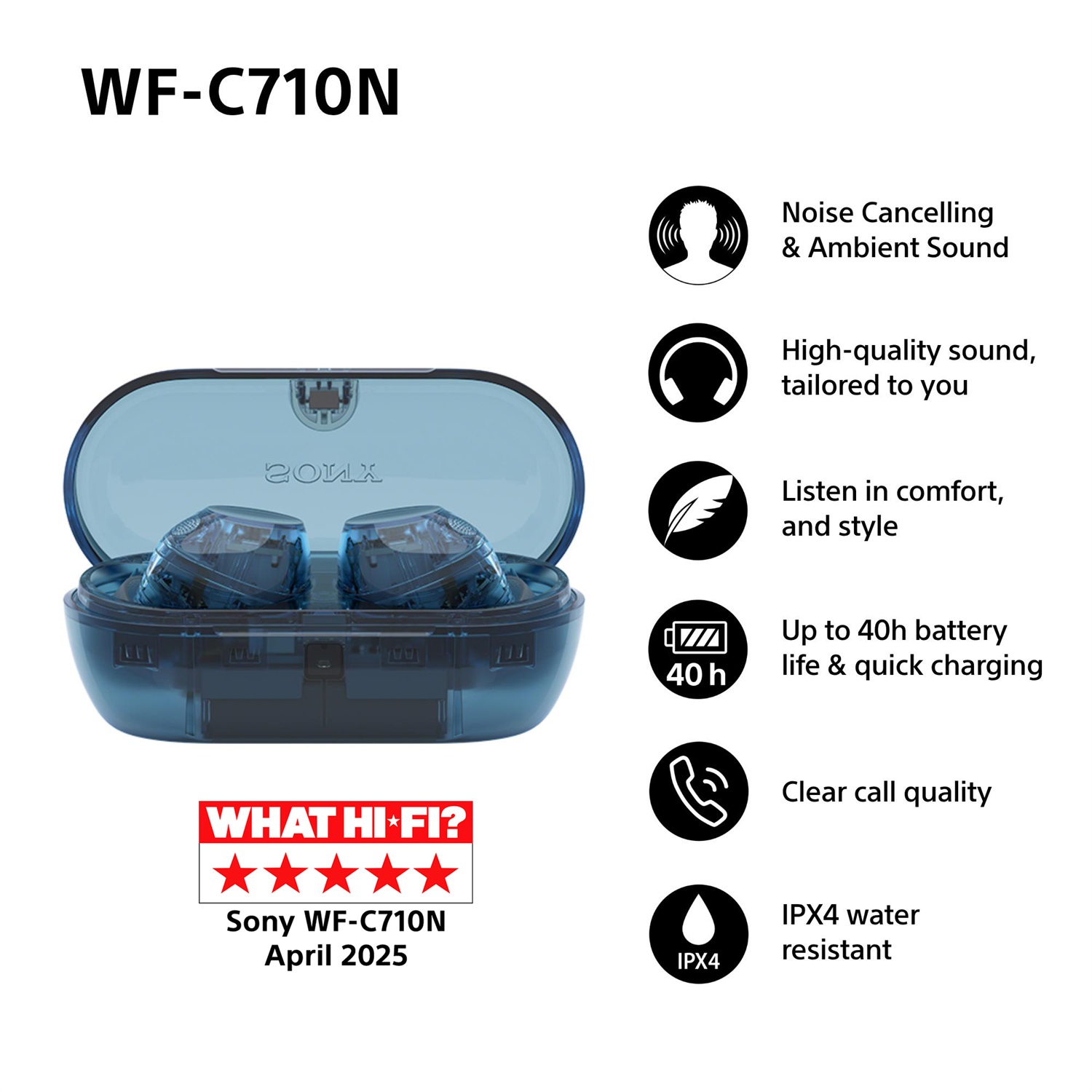 Sony WFC710NL.CE7 Auricolari True Wireless Bluetooth con Noise Cancelling, 40 ore di autonomia, IPX4, Blu Glass Blue
