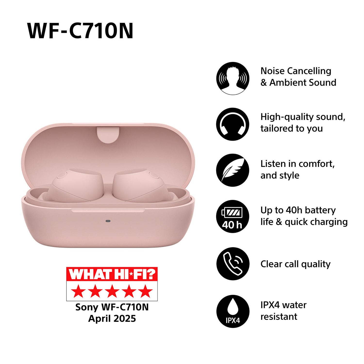 Sony WF-C710NP Cuffie True Wireless Stereo Rosa con Cancellazione Rumore, IPX4, Autonomia Fino a 40 Ore e Controlli Touch