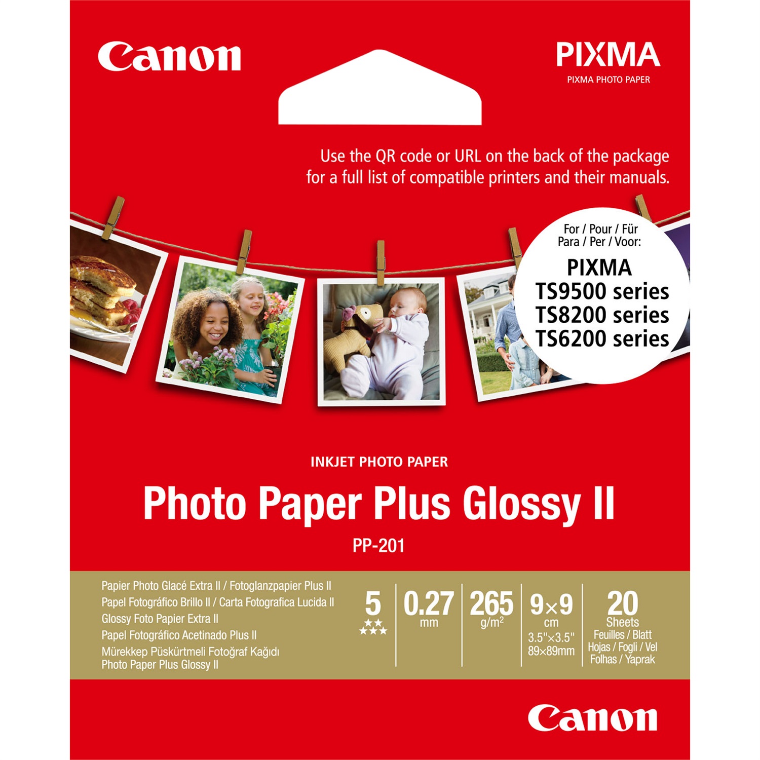 Canon Carta Fotografica Plus Glossy II PP-201 3,5 x 3,5 - 20 fogli, Lucida, 265 g/m², Bianco